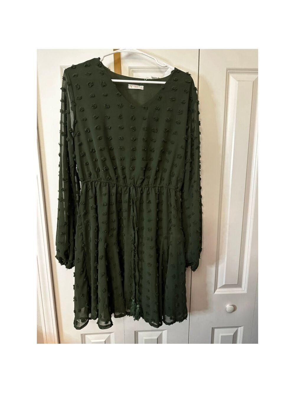 KIRUNDO Green Long Sleeve Dress with Pom Pom Detail L EUC